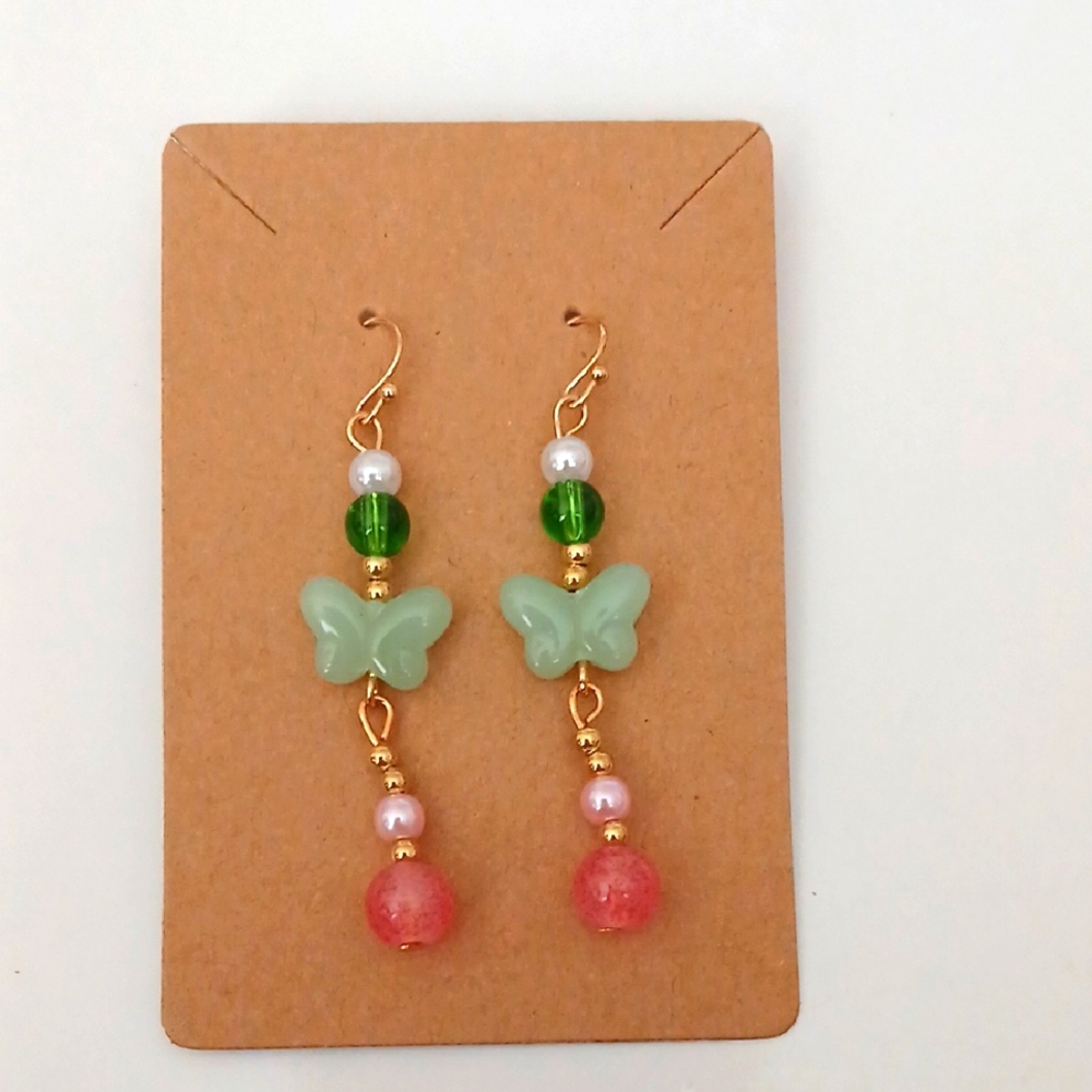 Fashion Jewelry Green and Pink Butterfly Earrings